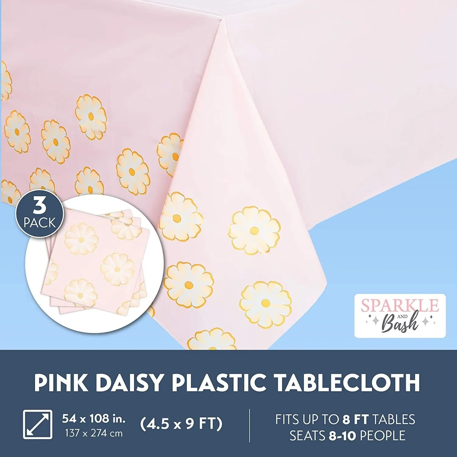 Pink Daisy Plastic Tablecloth for Weddings, Baby Showers (54 x 108 in, 3 Pack)
