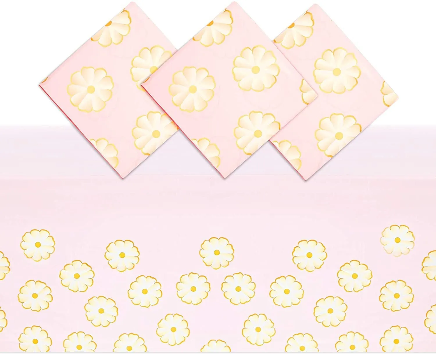Pink Daisy Plastic Tablecloth for Weddings, Baby Showers (54 x 108 in, 3 Pack)