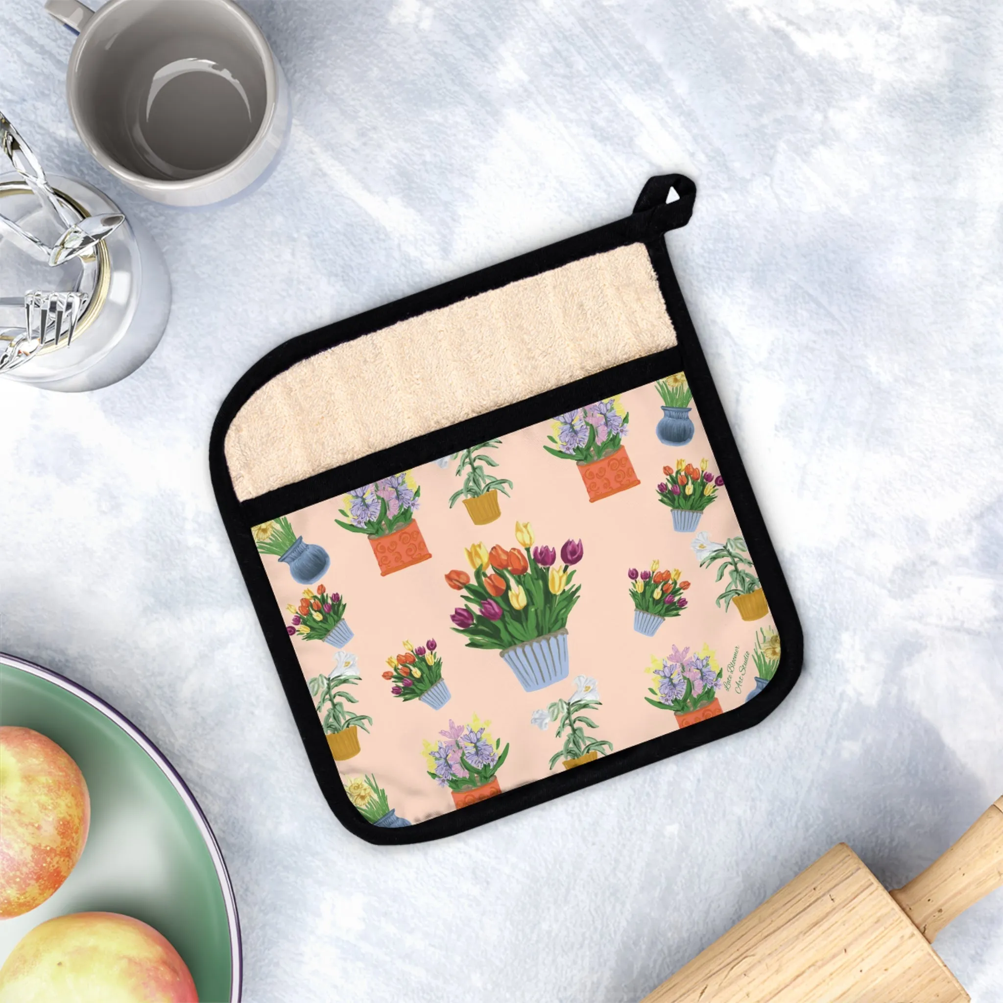 Pot Holder with Pocket - Spring Blooms-Peach Background