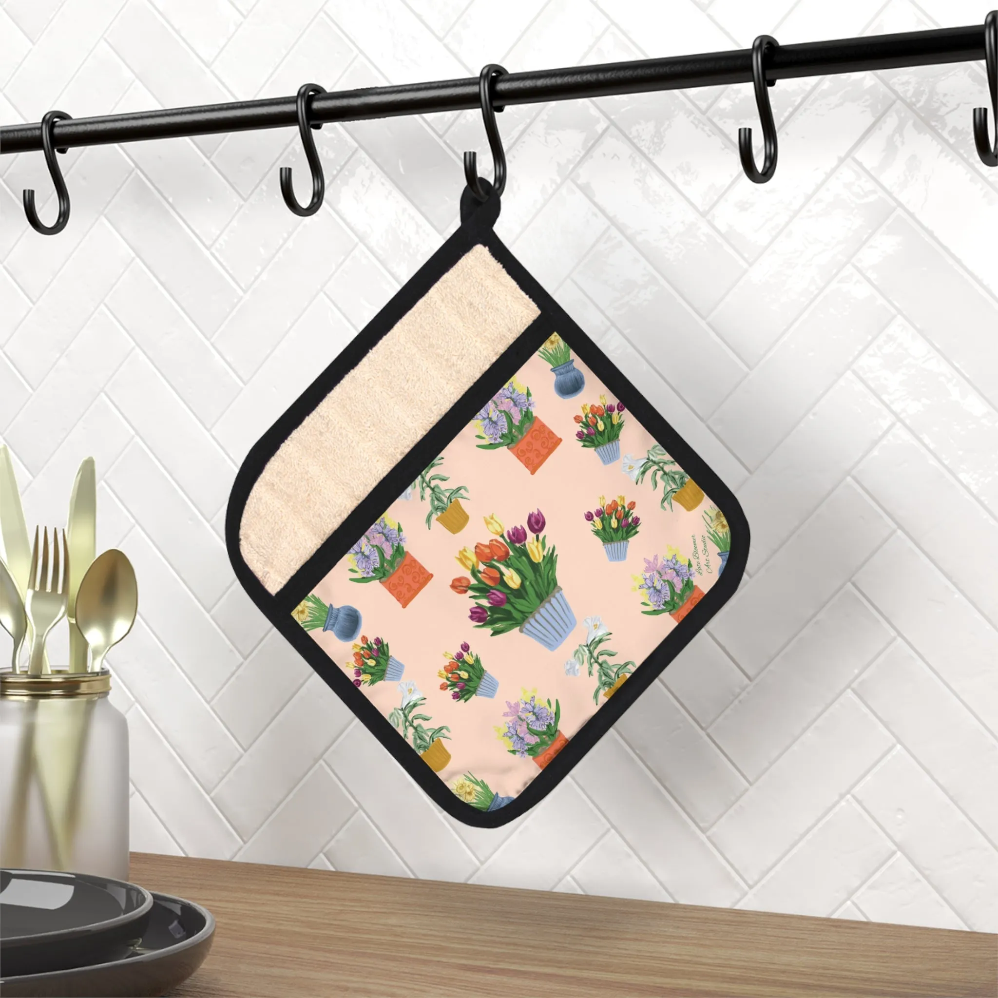 Pot Holder with Pocket - Spring Blooms-Peach Background