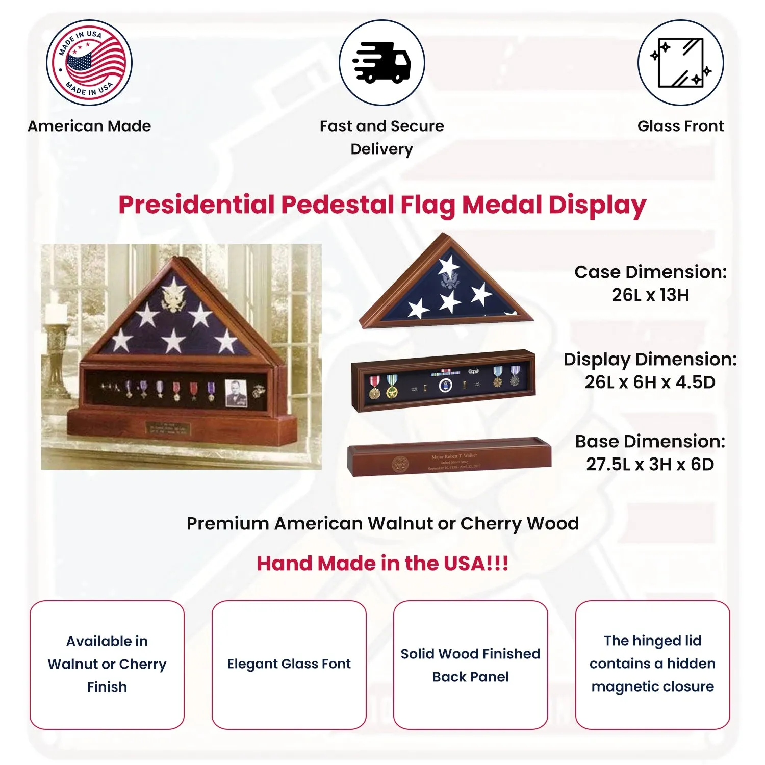 Presidential Pedestal Flag Medal Display - Walnut Material.