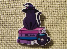 Purple Witch Cat Sitting on a Stack of Books Needle Minder, Cover Minder, Magnet