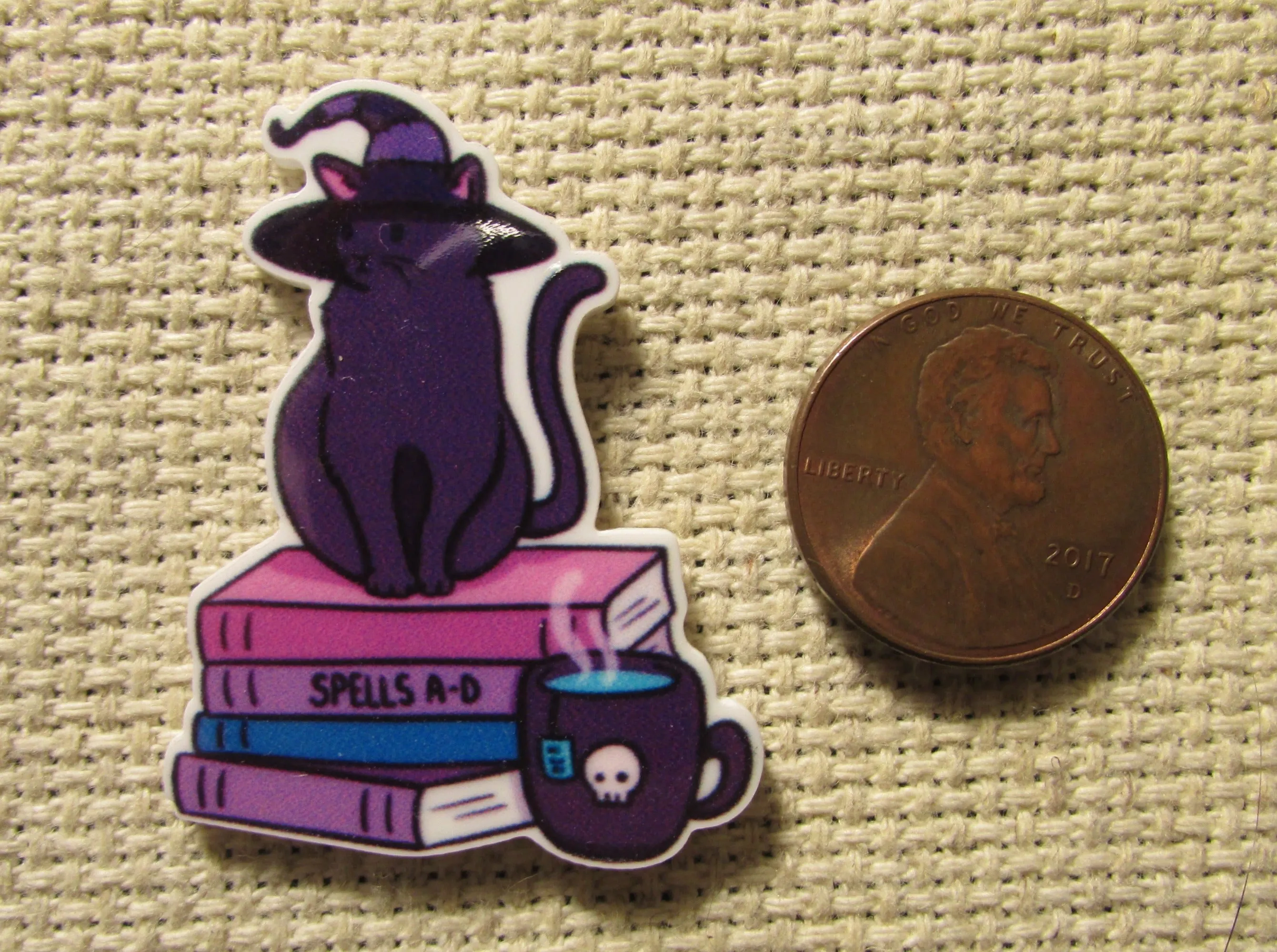 Purple Witch Cat Sitting on a Stack of Books Needle Minder, Cover Minder, Magnet