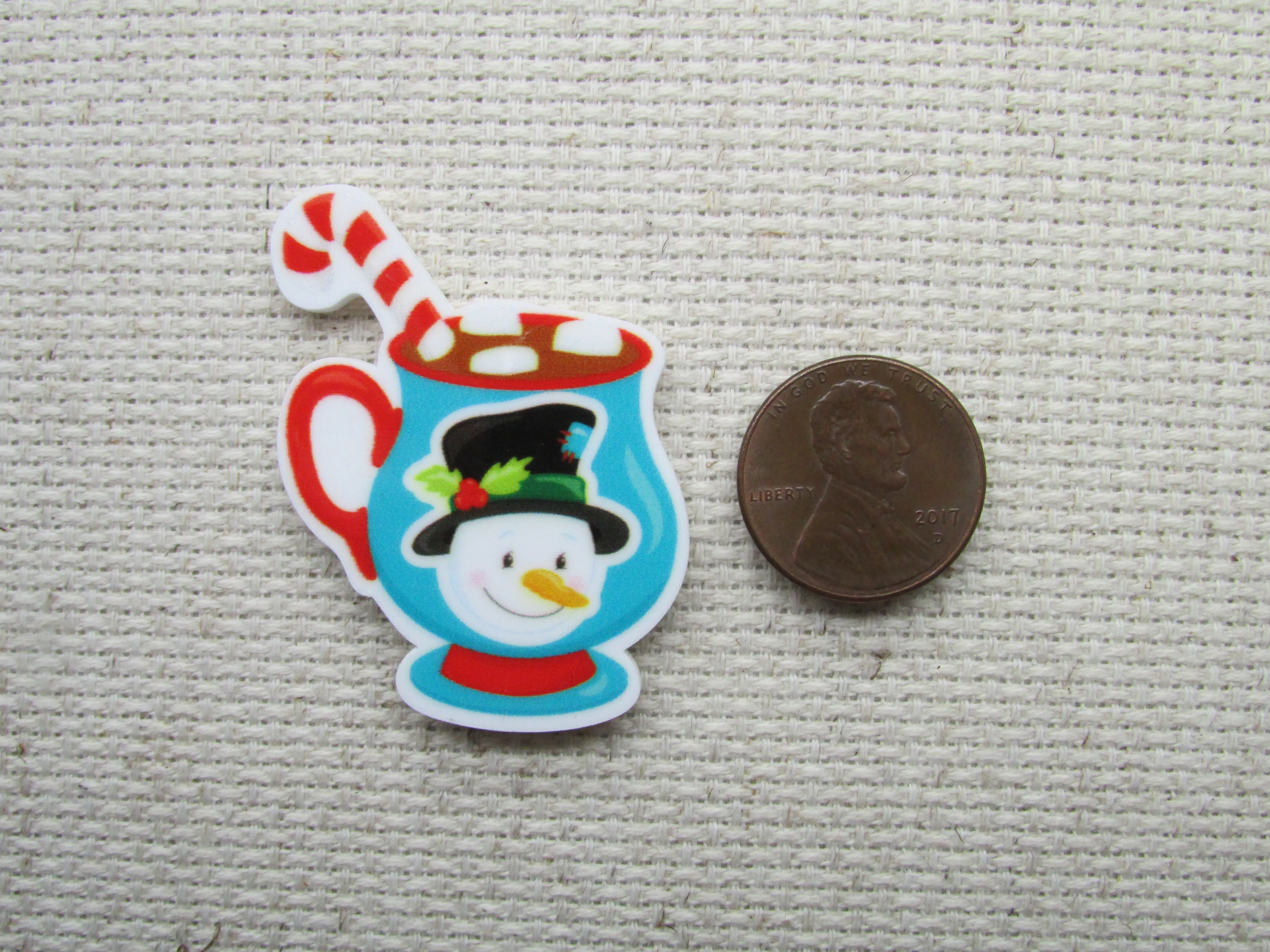 Snowman Mug of Cocoa with a Candy Cane Needle Minder, Cover Minder, Magnet