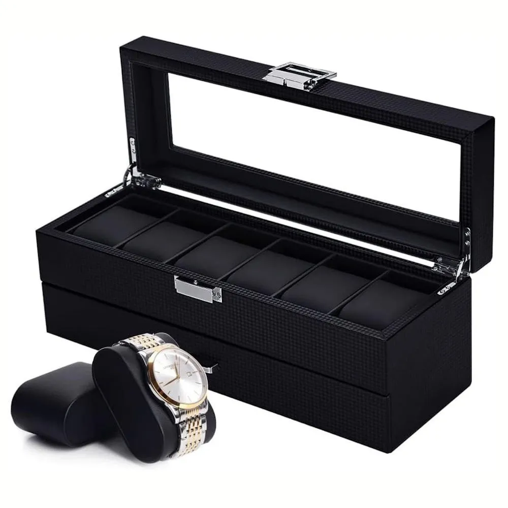 StitchesandTweed 6 Slot Watch Box 2 Tier Organizer - Matte Black
