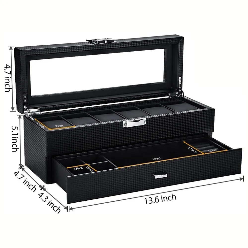 StitchesandTweed 6 Slot Watch Box 2 Tier Organizer - Matte Black