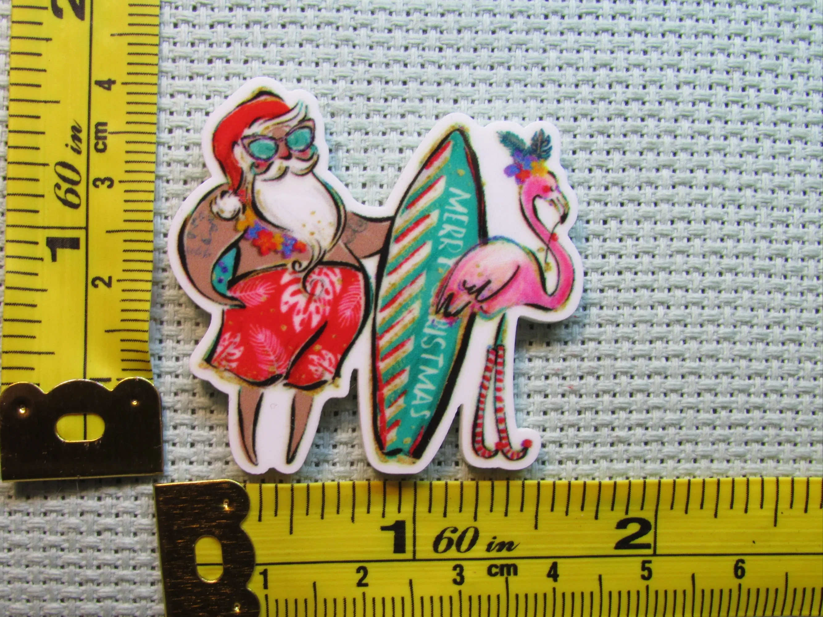 Surfing Santa with a Flamingo Needle Minder, Cover Minder, Magnet