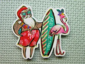 Surfing Santa with a Flamingo Needle Minder, Cover Minder, Magnet