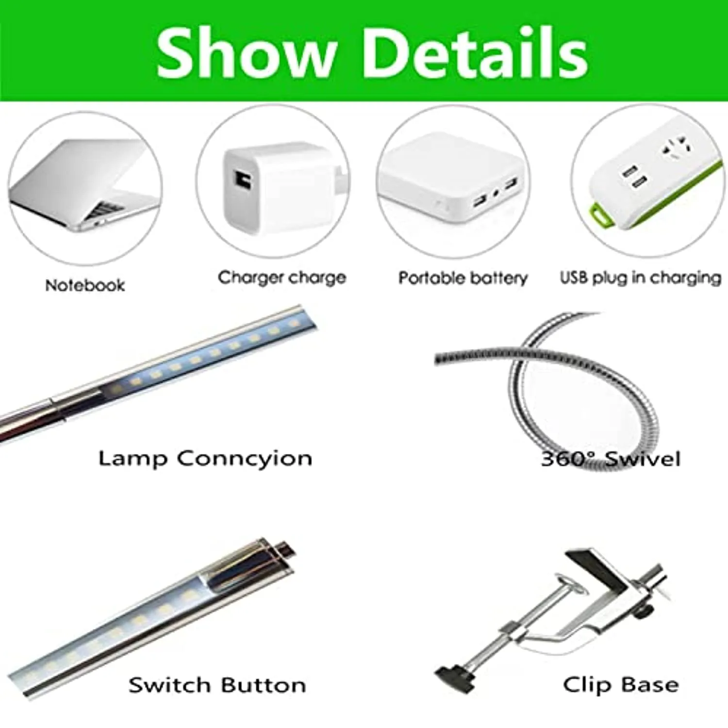 USB LED Desk Lamp, Adjustable Clip On LED Nail Lamp Light Eye Care Gooseneck 360° Swivel with Switch LED Clamp Light for Manicure Reading Tattoo