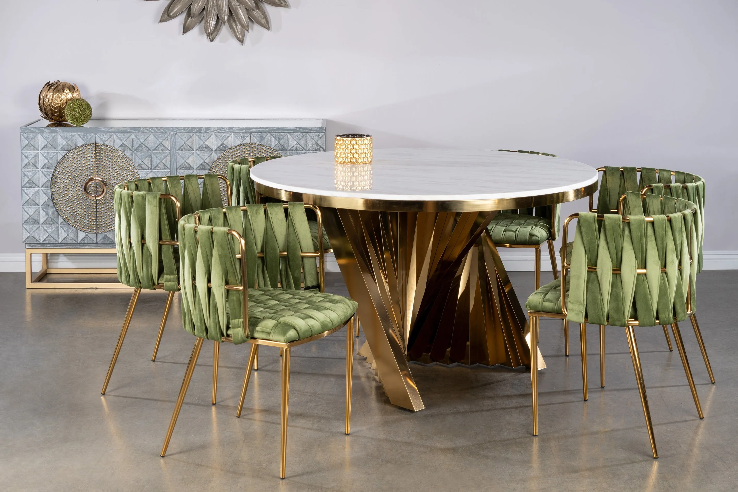 Waterfall Marble Top Round Dining Table in Gold
