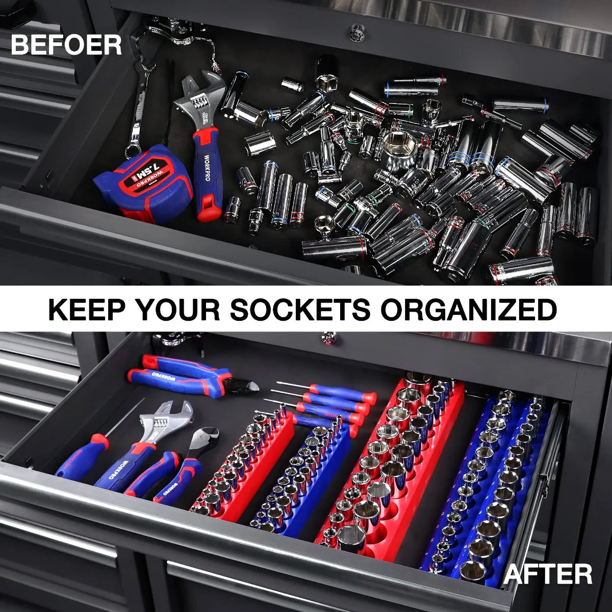 WORKPRO Magnetic Receptacle Organizer Set of 4 Includes 1/4", 3/8" Drive Metric SAE Receptacle Tray, Holds 108 Standard Sizes
