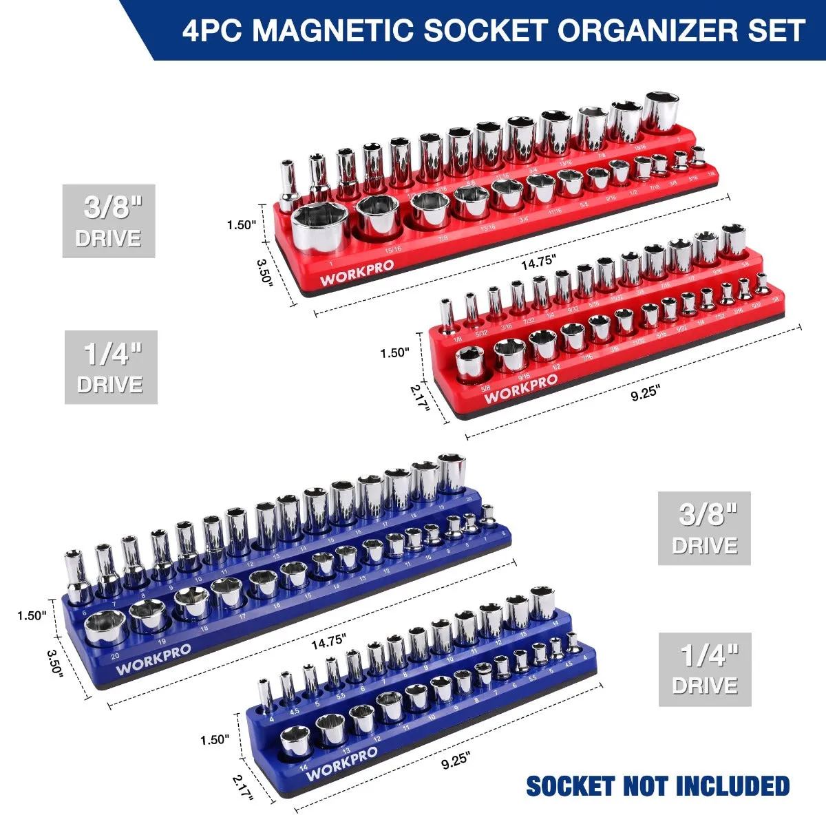 WORKPRO Magnetic Receptacle Organizer Set of 4 Includes 1/4", 3/8" Drive Metric SAE Receptacle Tray, Holds 108 Standard Sizes