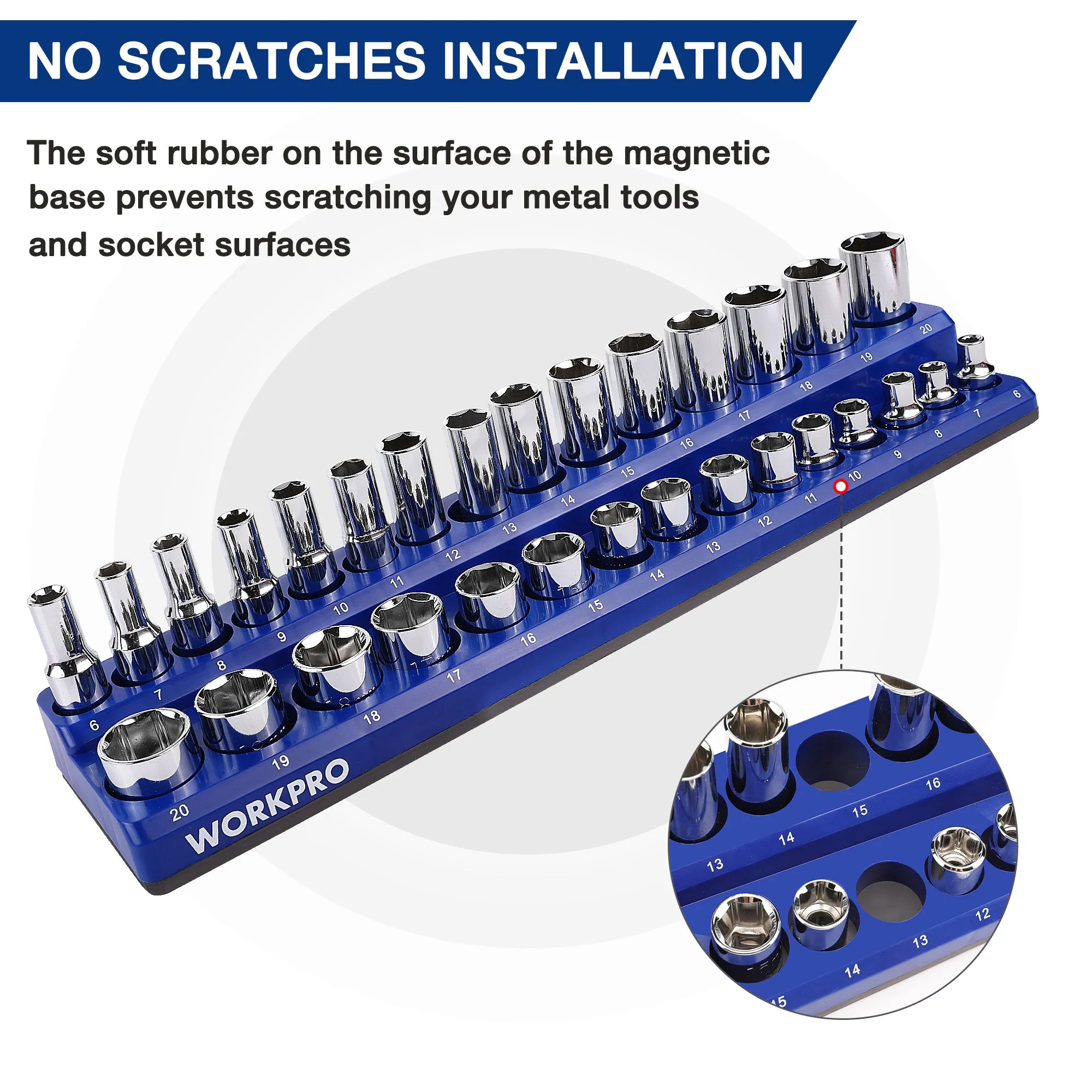 WORKPRO Magnetic Receptacle Organizer Set of 6 Includes 1/4", 3/8", 1/2" Drive Metric SAE Receptacle Tray, Holds 141 Standard Sizes