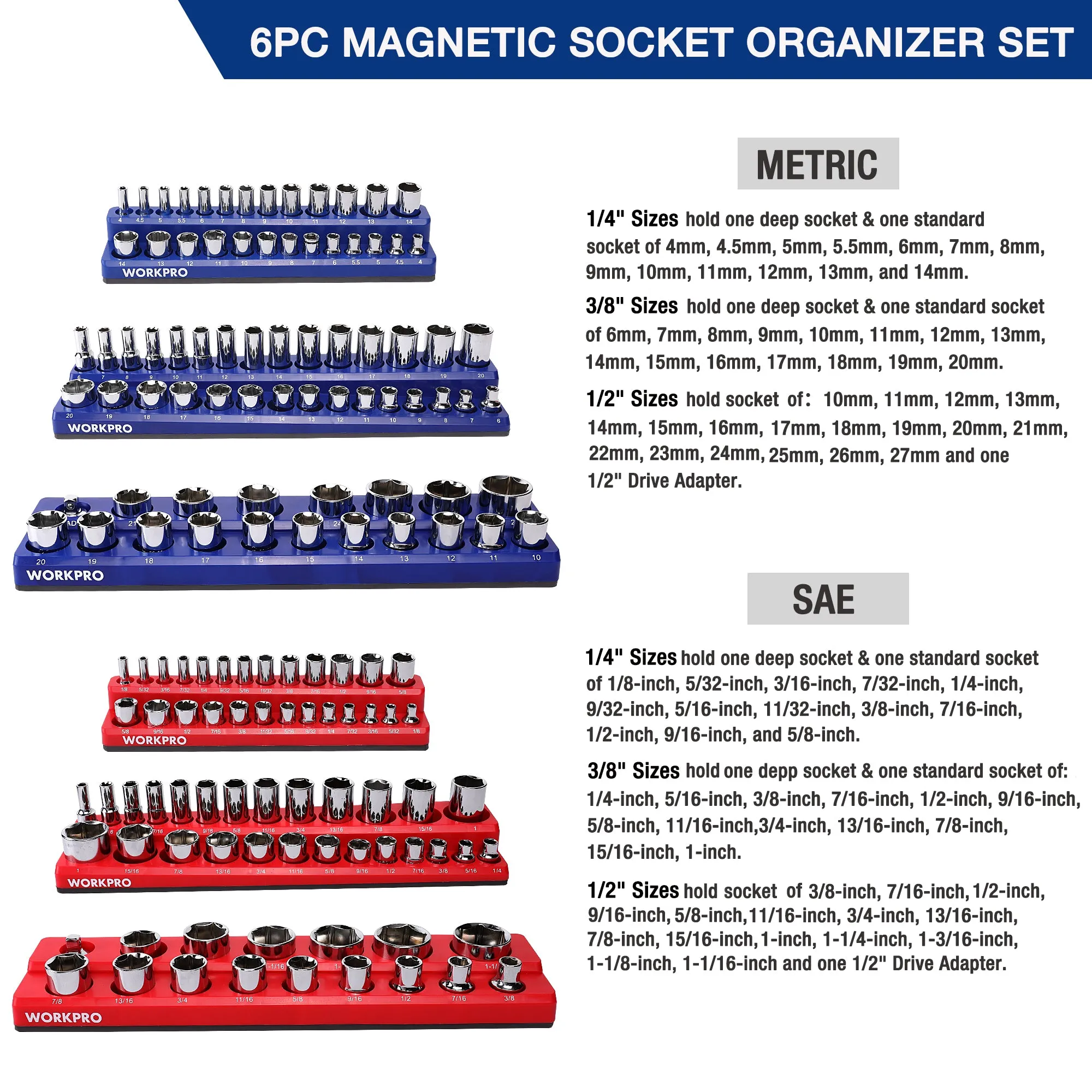 WORKPRO Magnetic Receptacle Organizer Set of 6 Includes 1/4", 3/8", 1/2" Drive Metric SAE Receptacle Tray, Holds 141 Standard Sizes