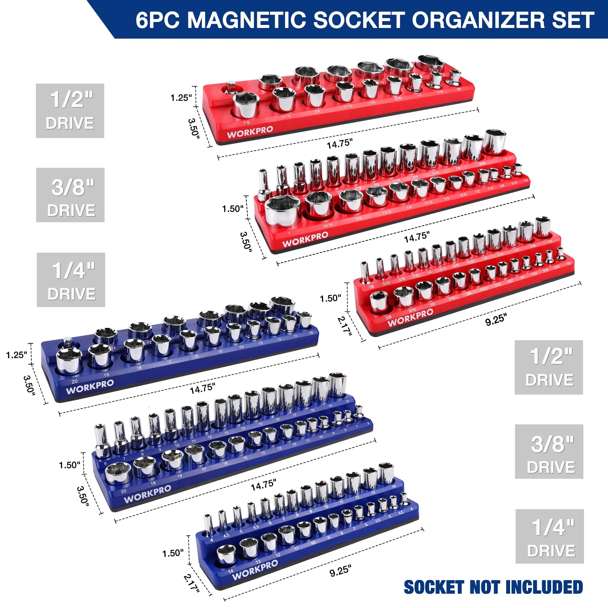 WORKPRO Magnetic Receptacle Organizer Set of 6 Includes 1/4", 3/8", 1/2" Drive Metric SAE Receptacle Tray, Holds 141 Standard Sizes