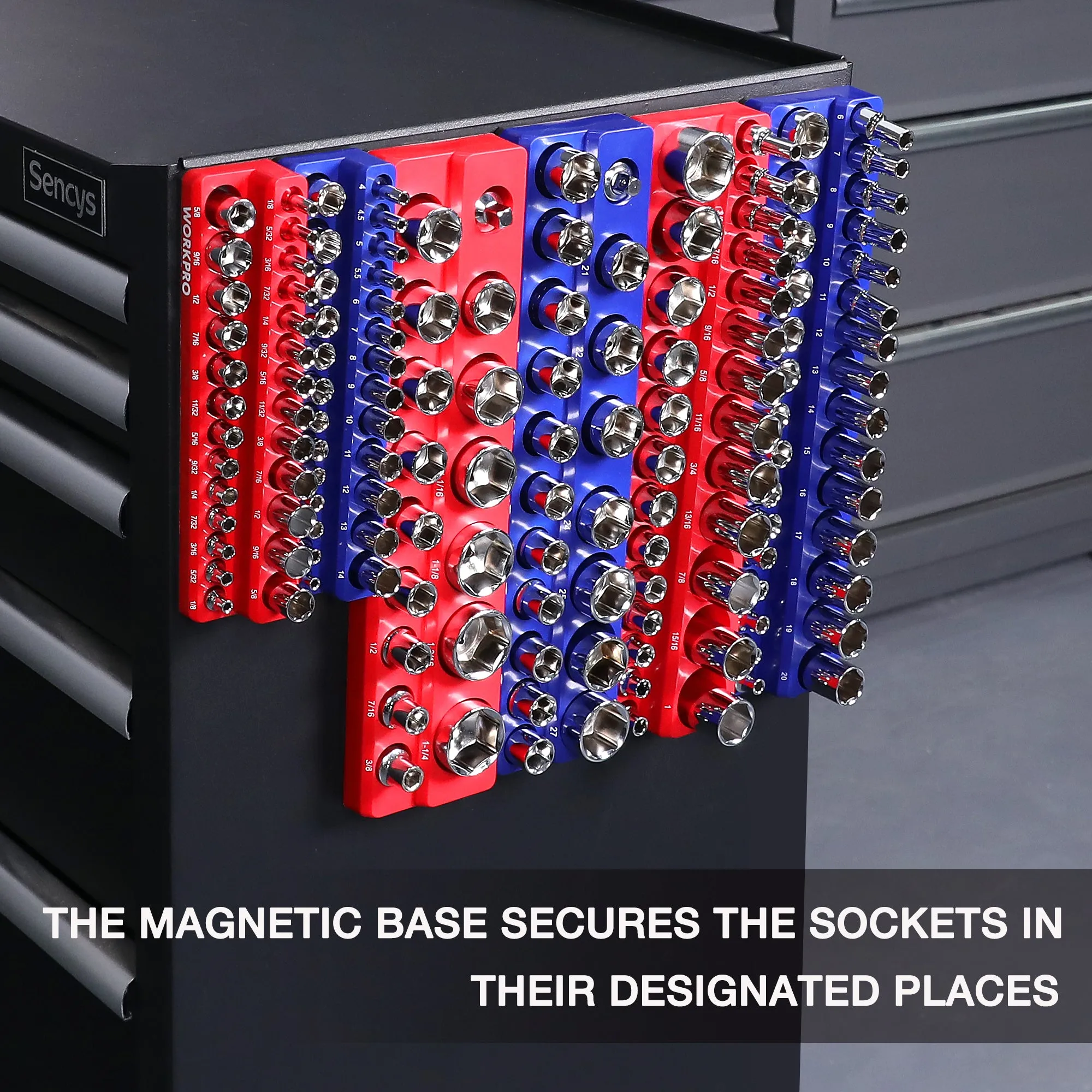 WORKPRO Magnetic Receptacle Organizer Set of 6 Includes 1/4", 3/8", 1/2" Drive Metric SAE Receptacle Tray, Holds 141 Standard Sizes