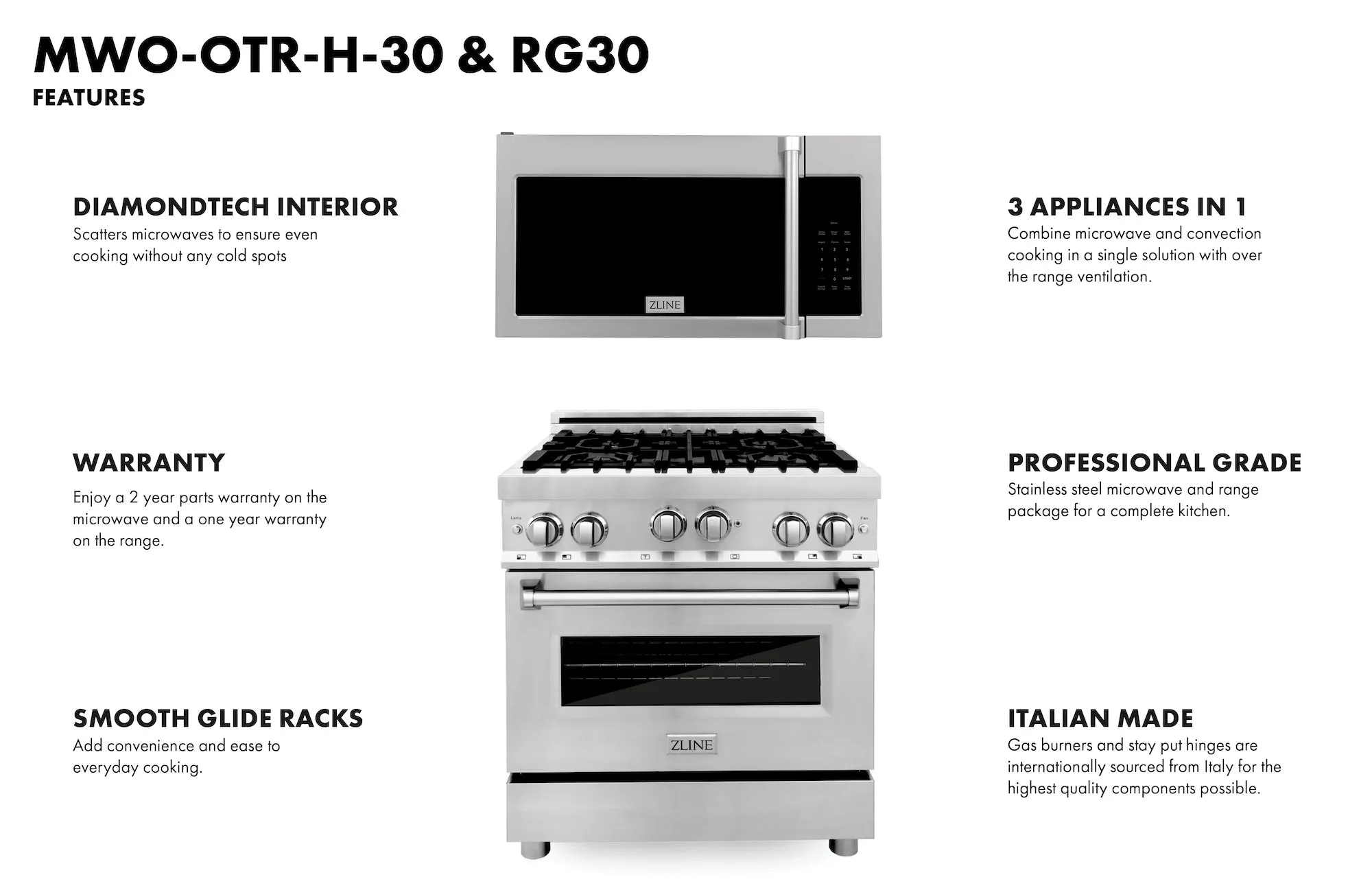 ZLINE 30" Kitchen Package Stainless Steel Gas Range and Over The Range Microwave with Traditional Handle