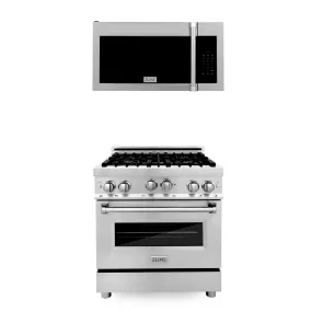 ZLINE 30" Kitchen Package Stainless Steel Gas Range and Over The Range Microwave with Traditional Handle